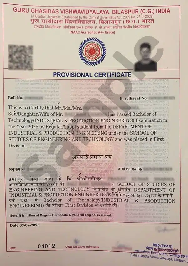 Sample degree certificate from Guru Ghasidas Vishwavidyalaya, Bilaspur, Chhattisgarh